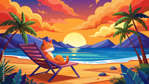  lazy cat lying on a chair facing a breathtaking sunset on the beach.
