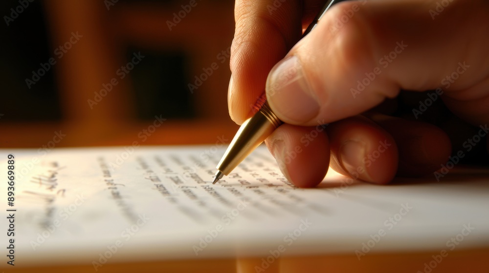 Close-up of a hand holding a pen signing a document, capturing the moment of agreement and commitment Close-up of a hand holding a pen signing a document, capturing the moment of agreement and commitment