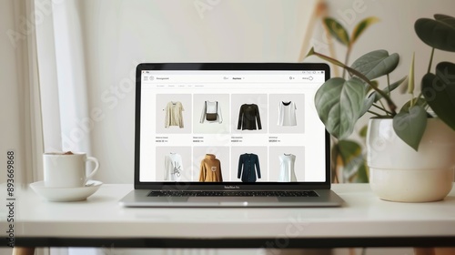 Modern Online Shopping Cart Interface on Laptop With Trendy Fashion Items on Minimalist White Desk photo