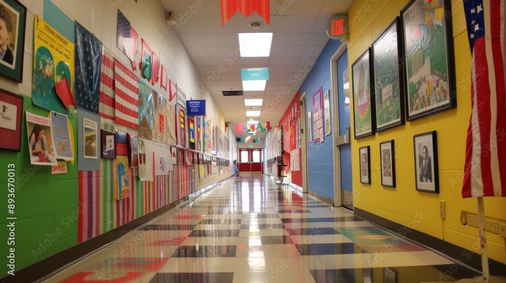 School Hallway with Student Projects Display Showcasing National History Knowledge and Creativity School Hallway with Student Projects Display Showcasing National History Knowledge and Creativity