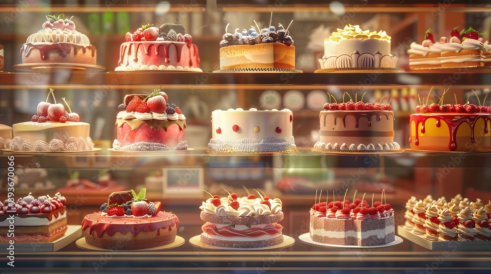 Pastry shop glass display with selection of cream or fruit cake, bakery shop with various flavors of cake with price Pastry shop glass display with selection of cream or fruit cake, bakery shop with various flavors of cake with price