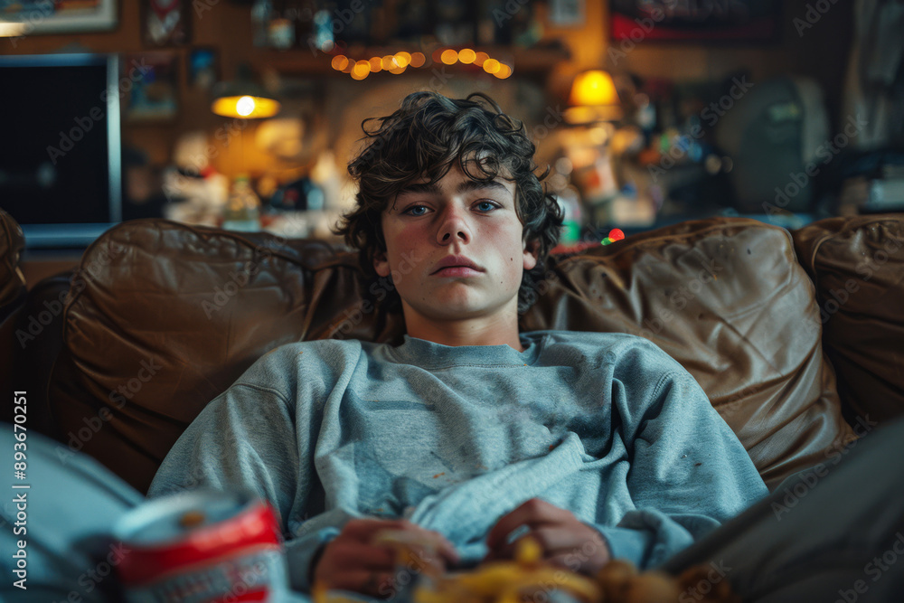 Male teenager with curly hair lounges on a sofa, watching TV in comfortable clothes. Snacks and drinks surround him, creating a cozy atmosphere Male teenager with curly hair lounges on a sofa, watching TV in comfortable clothes. Snacks and drinks surround him, creating a cozy atmosphere