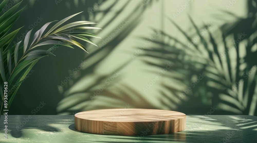 Wooden podium on abstract green backdrop with palm leaf shadows. Product presentation scene with geometric background. Wooden podium on abstract green backdrop with palm leaf shadows. Product presentation scene with geometric background.