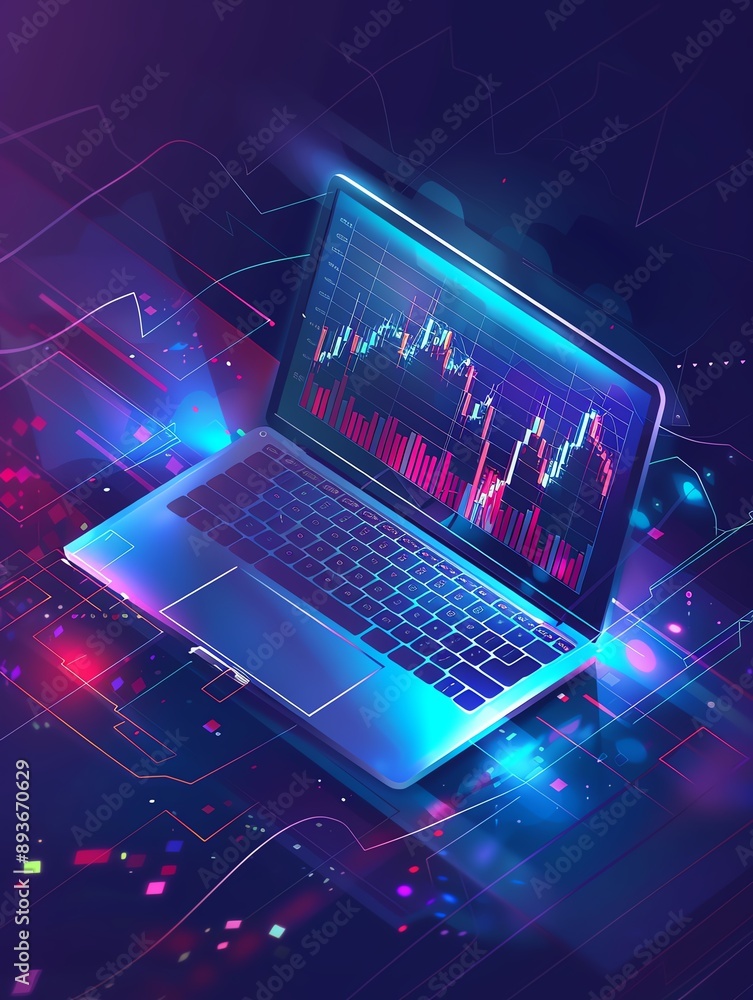 Laptop displaying stock market data with glowing lines in background Laptop displaying stock market data with glowing lines in background