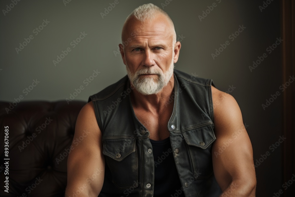 Portrait of a merry man in his 50s wearing a rugged jean vest isolated in modern minimalist interior Portrait of a merry man in his 50s wearing a rugged jean vest isolated in modern minimalist interior