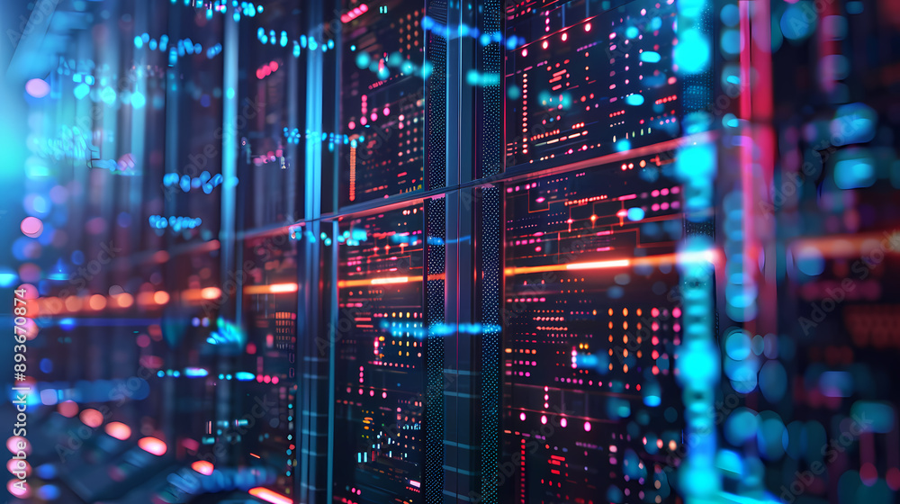 Close-up of illuminated server racks in a data center with colorful lights and digital information. Close-up of illuminated server racks in a data center with colorful lights and digital information.