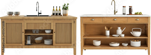 kitchen cabinet with dishes and bowls isolated on white background