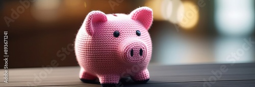 Crocheted pink piggy bank on wooden surface, blurred background. photo