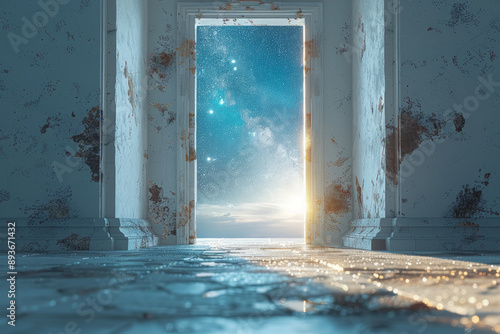 Surreal portrayal of a door opening to a starry night sky, set against a light gray backdrop,