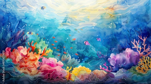 Whimsical underwater scene in watercolor, with colorful coral reefs, playful fish, and gentle waves, creating a dreamlike aquatic environment