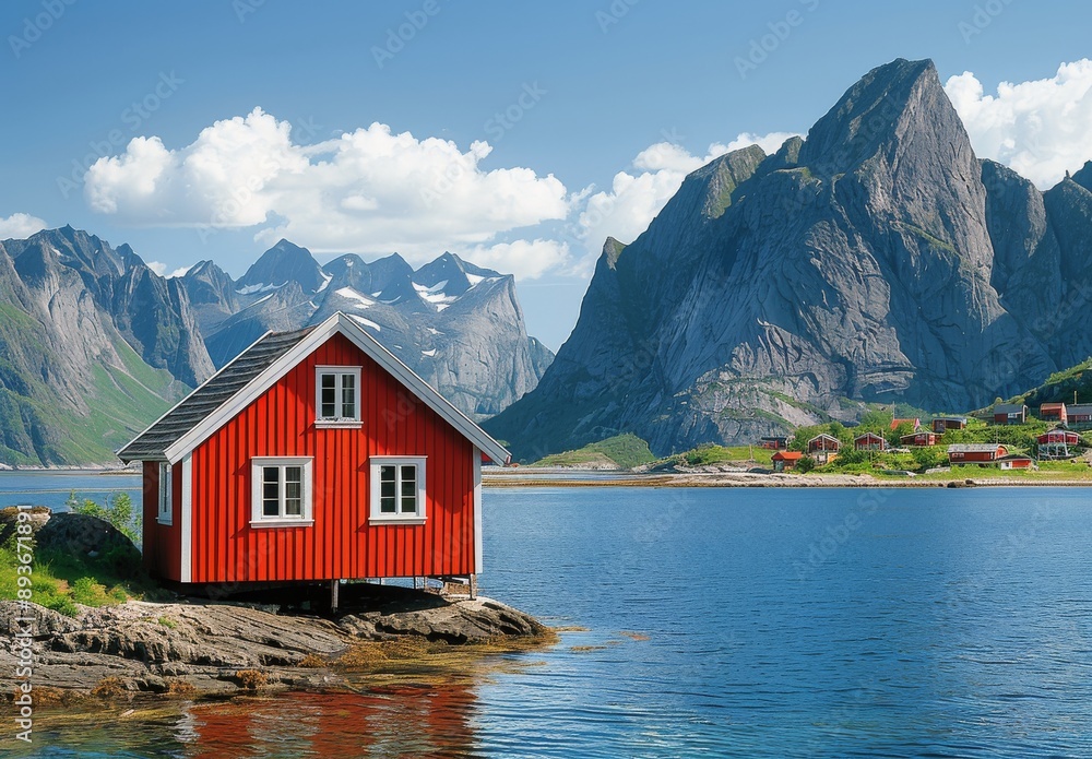 Red Cabin on a Fjord in Norway Red Cabin on a Fjord in Norway