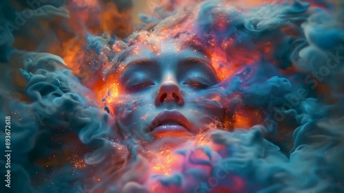 Mystical digital artwork featuring a woman's ethereal face surrounded by swirling fiery smoke clouds, creating a surreal and otherworldly atmosphere