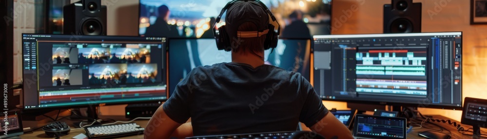 Video editor at work in a modern studio with multiple monitors, headphones, and editing software, creating visual and audio content. Video editor at work in a modern studio with multiple monitors, headphones, and editing software, creating visual and audio content.