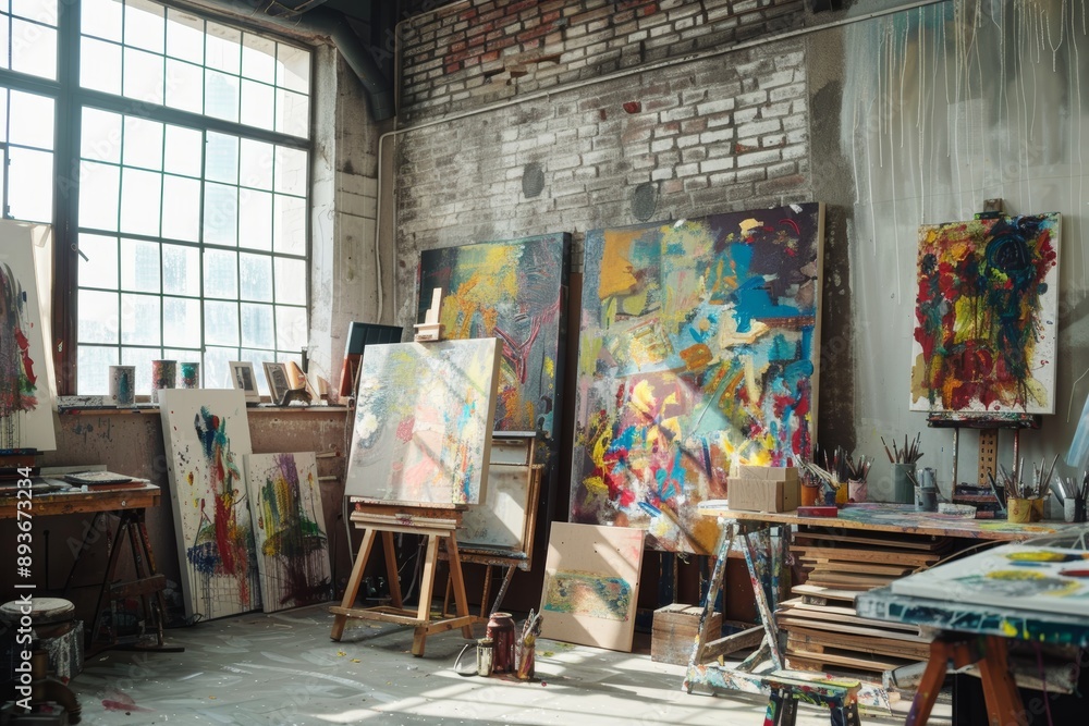 Obraz premium Artistic Studio with Hand-Painted Canvases Showcasing Colorful Floral and Scenic Artwork