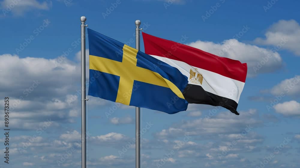 Egypt and Sweden flags flying together, video concept of the relationship, two country relations concept Egypt and Sweden flags flying together, video concept of the relationship, two country relations concept