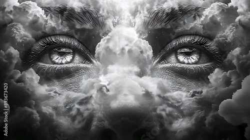Surrealistic eyes of a woman emerge from dark storm clouds, creating a mysterious and mesmerizing atmosphere. Ideal for fantasy and artistic themes