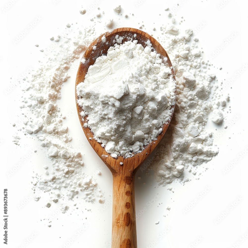 Wooden spoon filled with white powder, isolated on white background. Ideal for baking, food, and culinary-themed concepts. Wooden spoon filled with white powder, isolated on white background. Ideal for baking, food, and culinary-themed concepts.