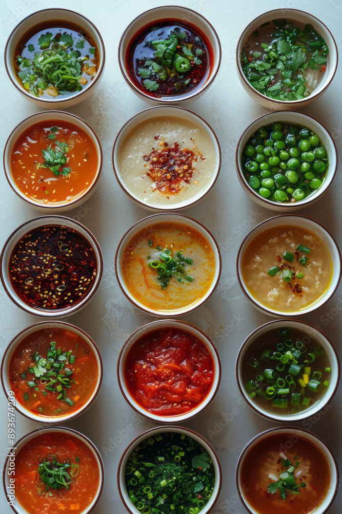 Minimalist animation of a soup bowl icon expanding to show a grid of animated dish icons, on a white backdrop, Minimalist animation of a soup bowl icon expanding to show a grid of animated dish icons, on a white backdrop,