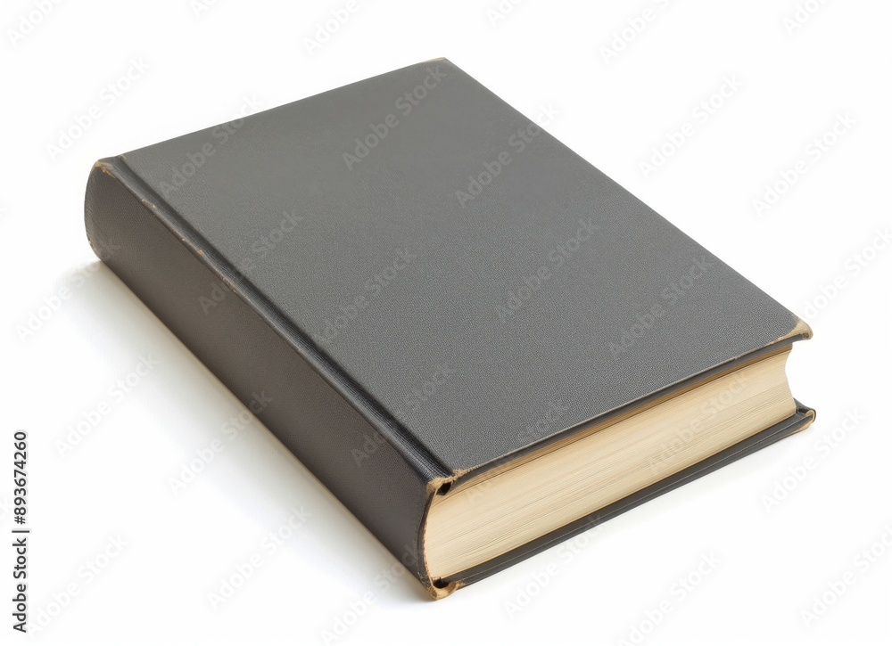 a closed book with blank grey cover on a white background, top view a closed book with blank grey cover on a white background, top view