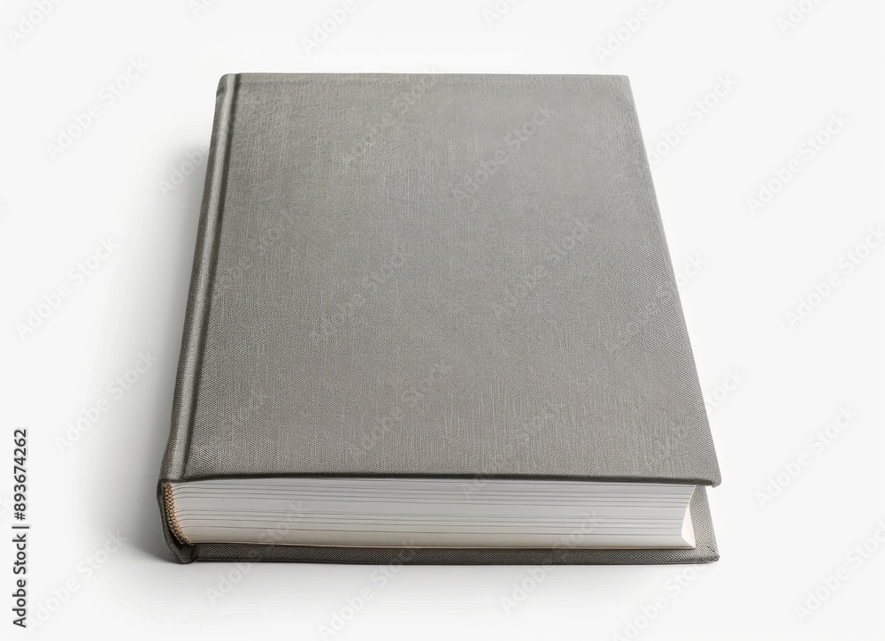 a closed book with blank grey cover on a white background, top view a closed book with blank grey cover on a white background, top view