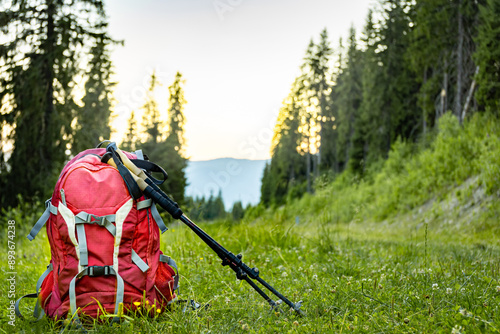 Hiking backpack with trekking poles for mountain hiking. #893674238