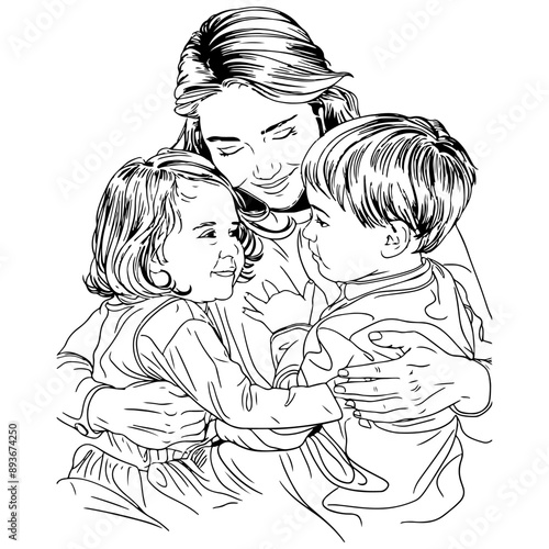 A young mother hugs her young son and daughter. Vector monochrome illustration in line art style