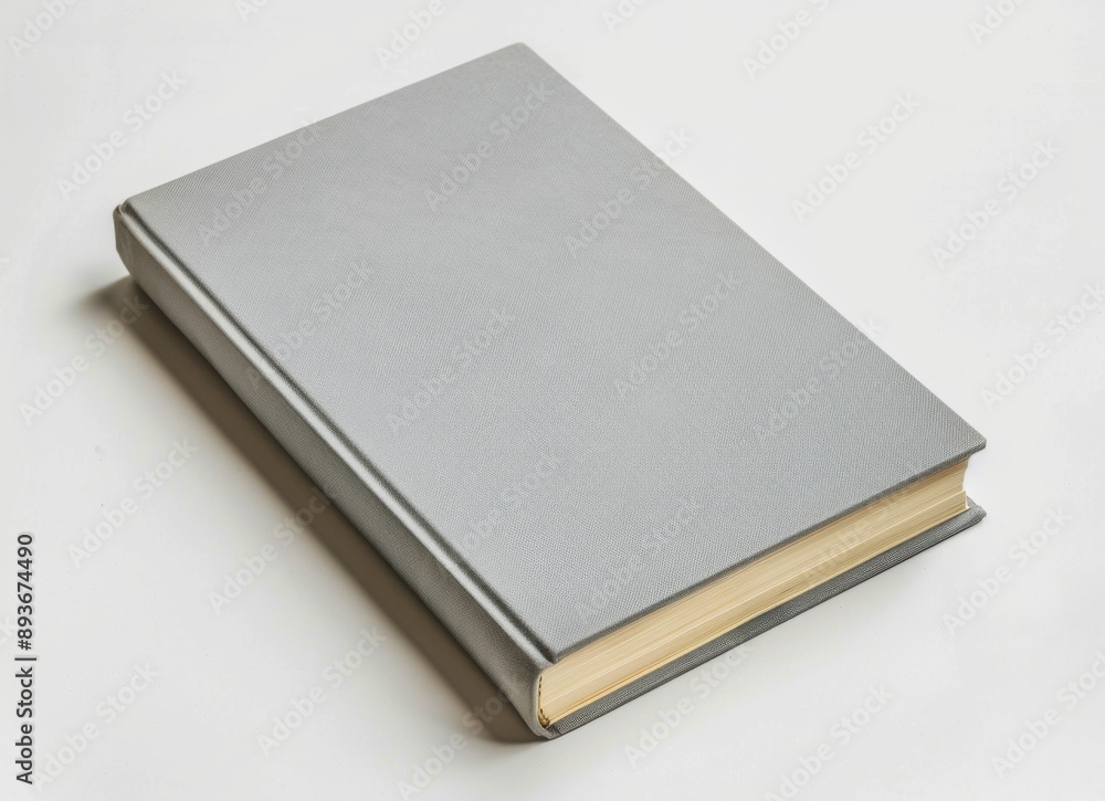 a closed book with blank grey cover on a white background, top view a closed book with blank grey cover on a white background, top view