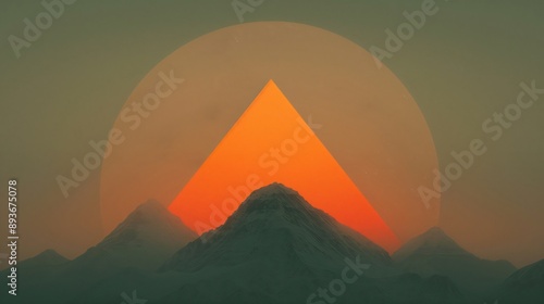 Minimalist landscape featuring a glowing geometric shape hovering above a mountain peak, set against a backdrop of a vibrant sunset over a mountain range