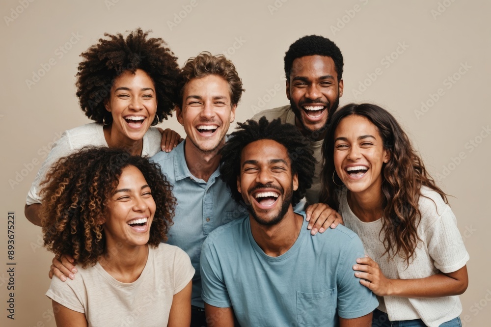 Obraz premium Portrait of a multiracial group of people laughing on a neutral background.