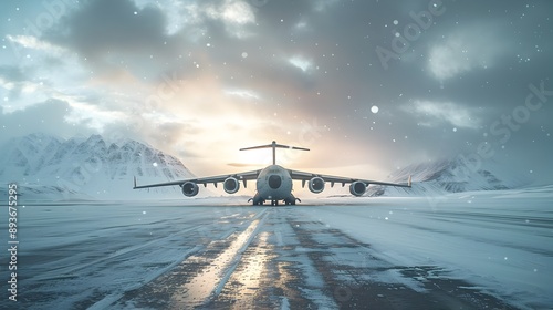 Massive Cargo Plane Unloading Supplies at Remote Arctic Base in Snowy Landscape photo