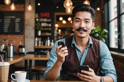 Portrait of beautiful Asian queer LGBT community supporter man with mustache wearing lipstick and jumpsuit using mobile phone in coffee shop