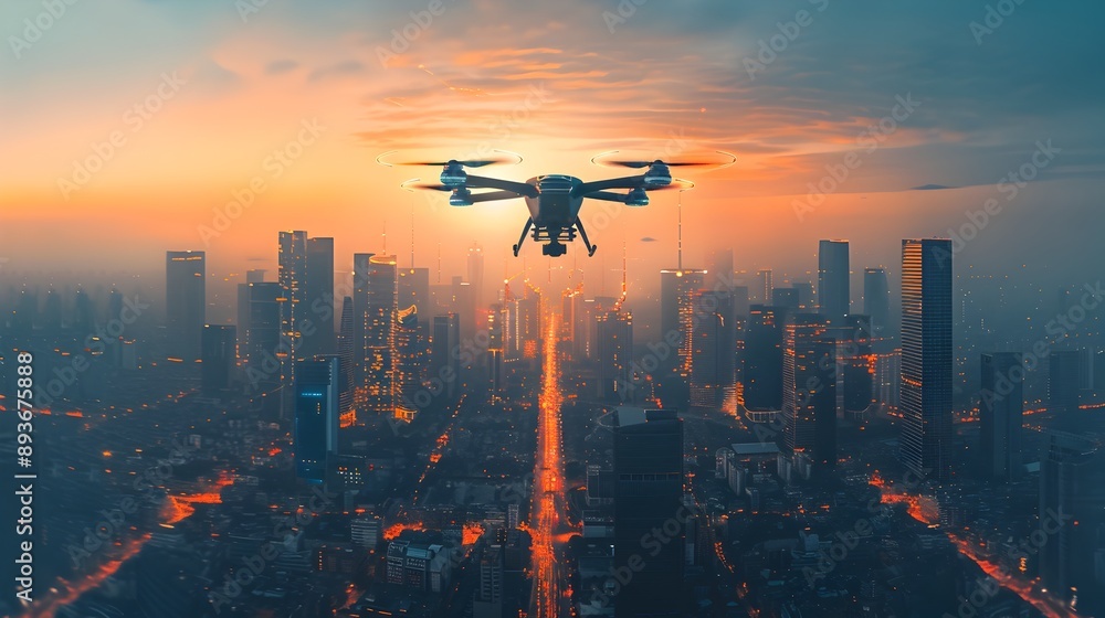 Futuristic Passenger Drone Soaring Over Illuminated Cityscape at Sunset Futuristic Passenger Drone Soaring Over Illuminated Cityscape at Sunset