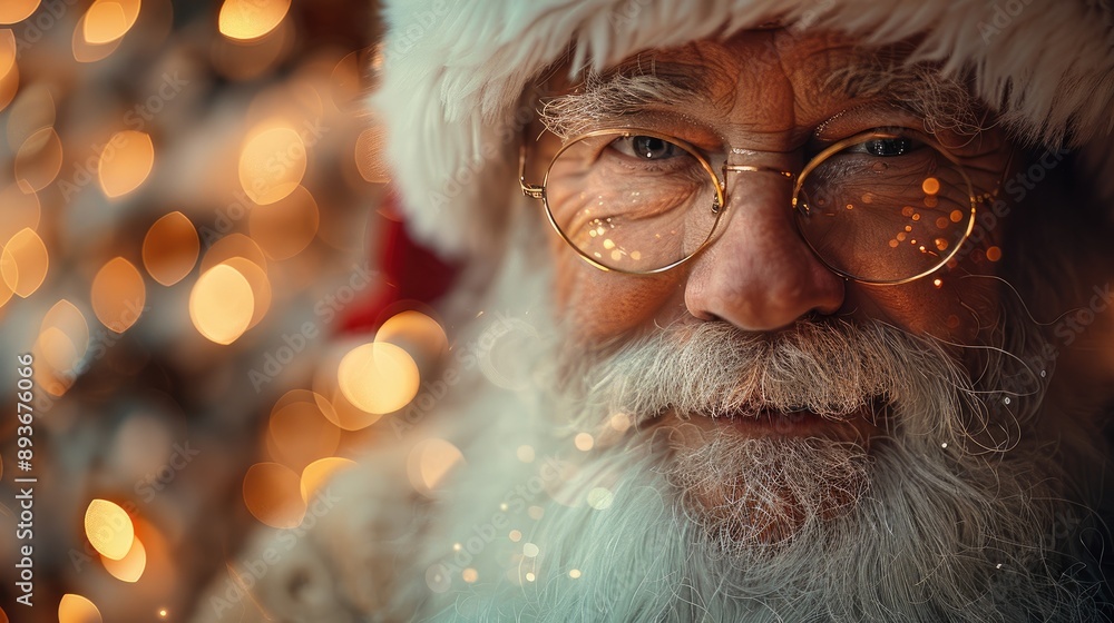 Close-up of a cheerful Santa Claus wearing glasses and a Santa hat, surrounded by festive lights, capturing the holiday spirit. Close-up of a cheerful Santa Claus wearing glasses and a Santa hat, surrounded by festive lights, capturing the holiday spirit.