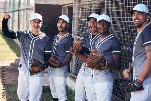 Baseball, cheer and field with team for support, happy and watch in shade from summer heat. Dugout, sports and success for competition with male people, excited and together for softball club match photo