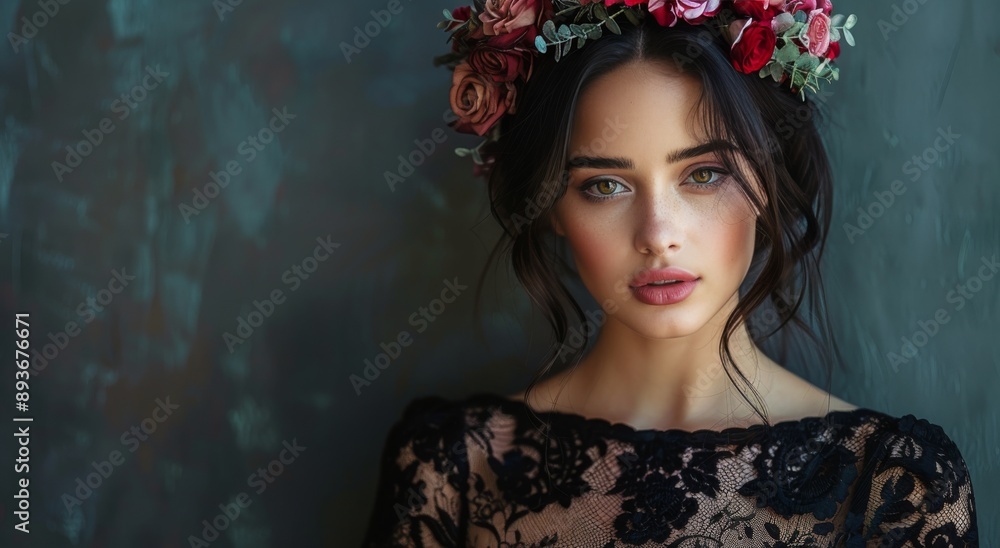 Fototapeta premium Woman With Flower Crown Looking at Camera