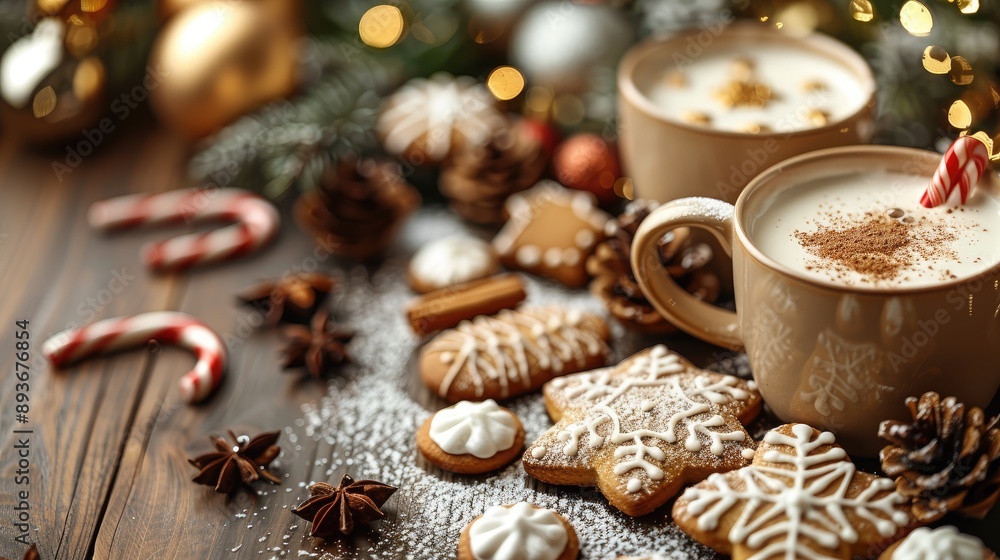 Cozy winter scene with hot chocolate, gingerbread cookies, candy canes, and festive decorations on a wooden table. Cozy winter scene with hot chocolate, gingerbread cookies, candy canes, and festive decorations on a wooden table.
