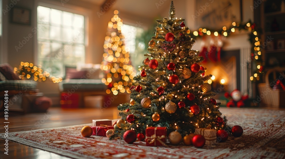 Cozy living room with a beautifully decorated Christmas tree, glowing lights, and festive ornaments, creating a warm holiday atmosphere. Cozy living room with a beautifully decorated Christmas tree, glowing lights, and festive ornaments, creating a warm holiday atmosphere.
