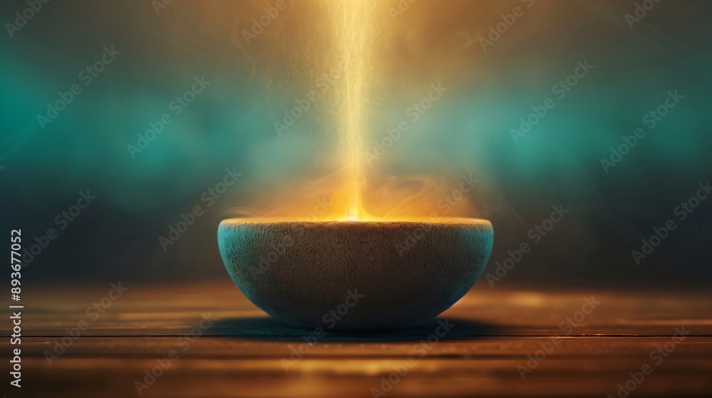 Mysterious light shines on a wooden bowl, creating a warm, magical glow. The golden beam adds spiritual energy, giving a sense of hope. Dark background with smoke enhances the ambiance Mysterious light shines on a wooden bowl, creating a warm, magical glow. The golden beam adds spiritual energy, giving a sense of hope. Dark background with smoke enhances the ambiance
