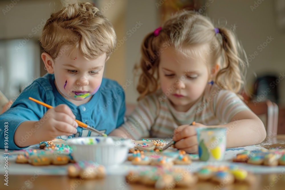 Fototapeta premium Two young children focused on painting cookies with edible color