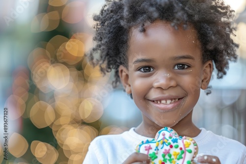 Happy child showing off beautifully decorated cookie with twinkl photo