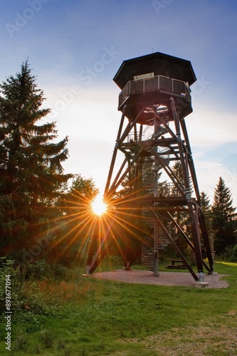 Tableau sur toile Wooden view tower in the forest in sunset light.