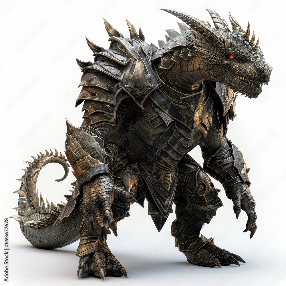 A massive dragon clad in heavy battle armor, fierce and powerful, armor with intricate designs A massive dragon clad in heavy battle armor, fierce and powerful, armor with intricate designs