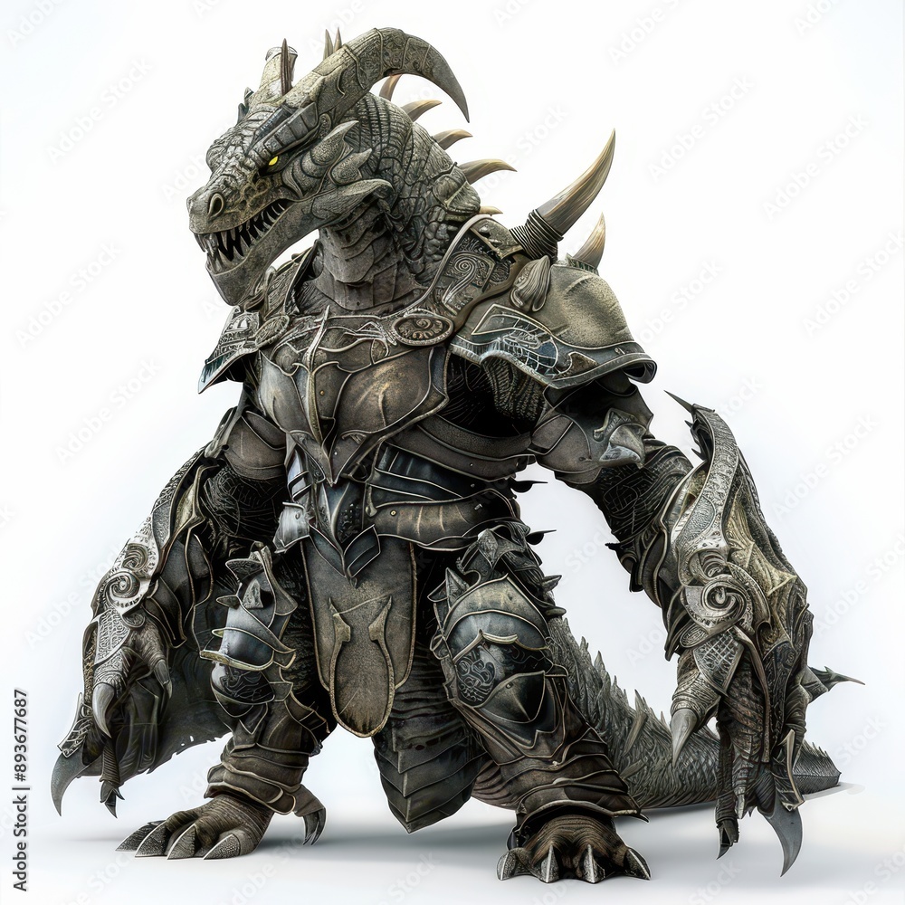 Fototapeta premium A massive dragon clad in heavy battle armor, fierce and powerful, armor with intricate designs