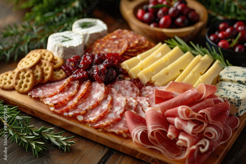 Gourmet charcuterie board with a variety of meats, cheeses, crackers, and fruits. Perfect for festive gatherings and celebrations. Gourmet charcuterie board with a variety of meats, cheeses, crackers, and fruits. Perfect for festive gatherings and celebrations.
