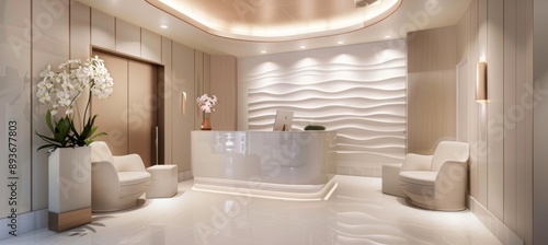 Bright and Modern Botox Clinic Lobby with Friendly Receptionist and Inviting Furniture Design