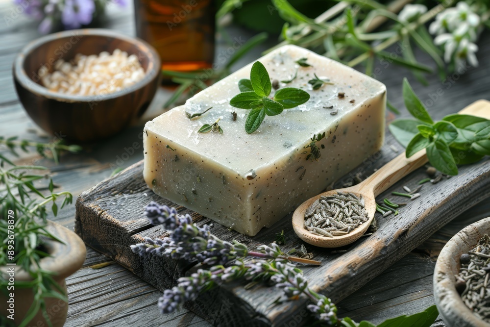 Handmade Natural Soap Bar with Fresh Herbs on Rustic Wooden Tray for Organic Skincare and Bath Products Handmade Natural Soap Bar with Fresh Herbs on Rustic Wooden Tray for Organic Skincare and Bath Products