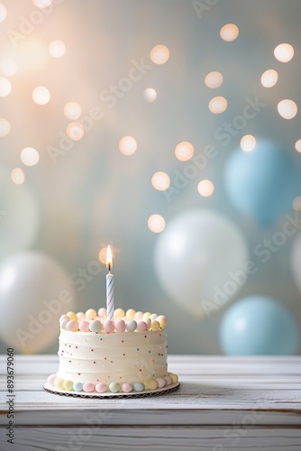 Birthday cake with candle on white wooden table, balloons, defocused background decoration. Beautiful card with space for congratulatory text. 