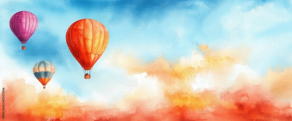 Fototapeta premium Colorful hot air balloons float against a vibrant sky of blues, oranges, and pinks, creating a serene and joyful atmosphere, watercolor painting