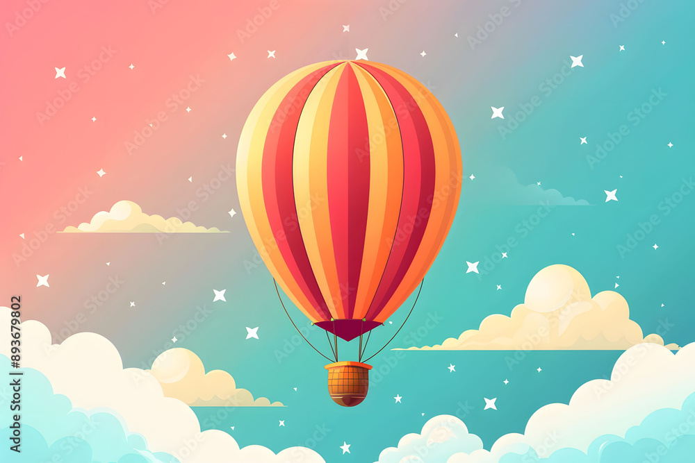 Obraz premium A vibrant hot air balloon floats above fluffy clouds in a colorful sky, evoking a sense of adventure and freedom.