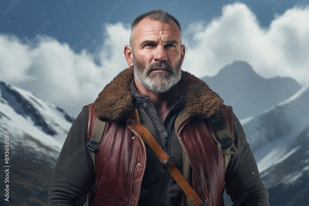 Portrait of a merry man in his 40s dressed in a breathable mesh vest on snowy mountain range Portrait of a merry man in his 40s dressed in a breathable mesh vest on snowy mountain range